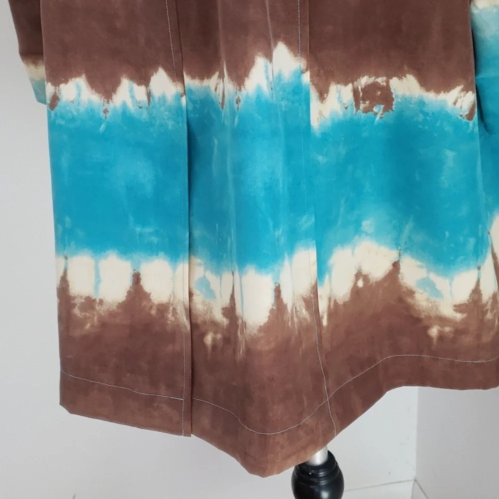 Anne Klein Womens Tie Dye Belted Aqua Blue Ivory Brown Big Collar Trench Coat, M